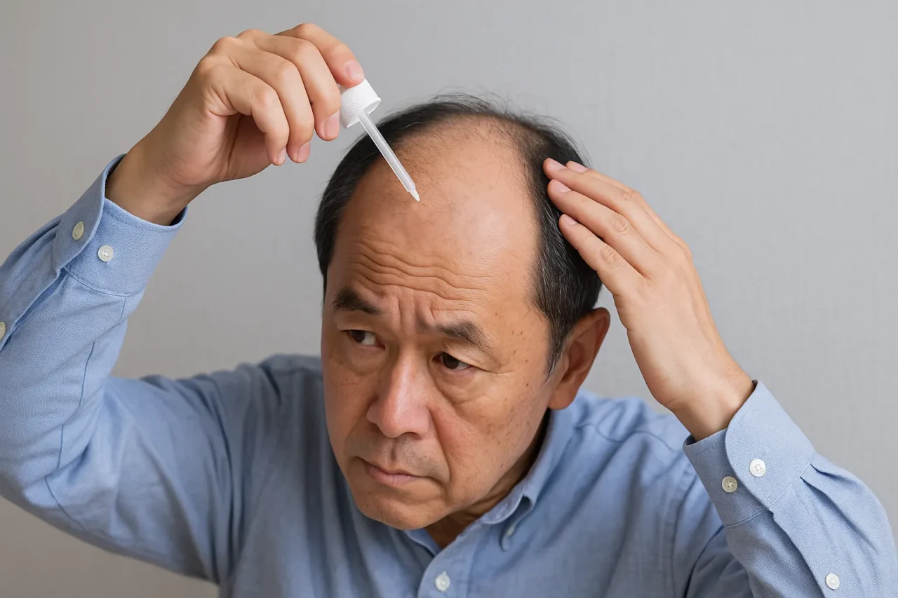 中年男性が頭皮に育毛剤を塗布している。