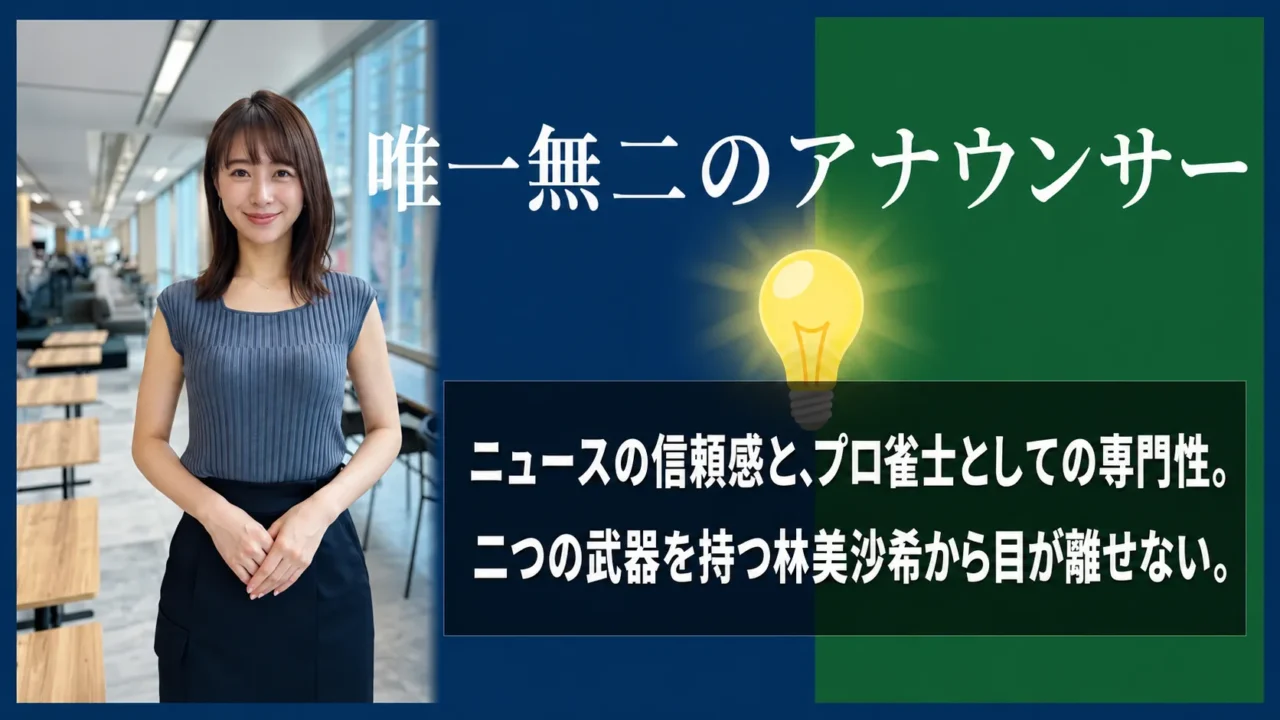 林美沙希がニュースの信頼感とプロ雀士としての専門性をあわせ持つ唯一無二のアナウンサーであることを示す画像