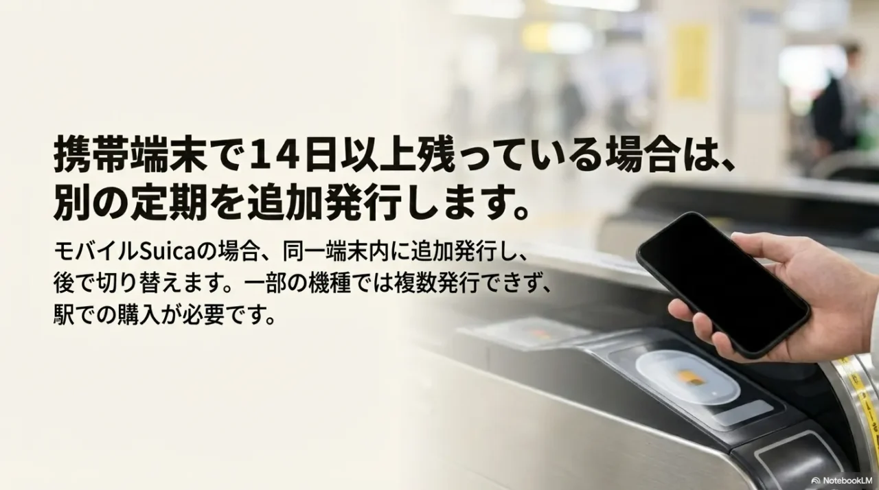 モバイルSuicaで14日以上残っている場合は別の定期を追加発行する流れを示す画像