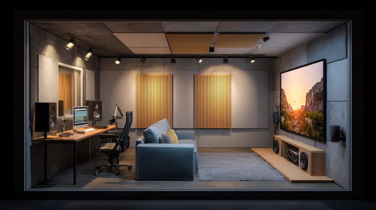 防音処理が施された部屋に、レコーディング用デスクとスピーカー、ソファ、吸音パネル、大型スクリーンが配置されたホームスタジオ兼ホームシアターの内観。