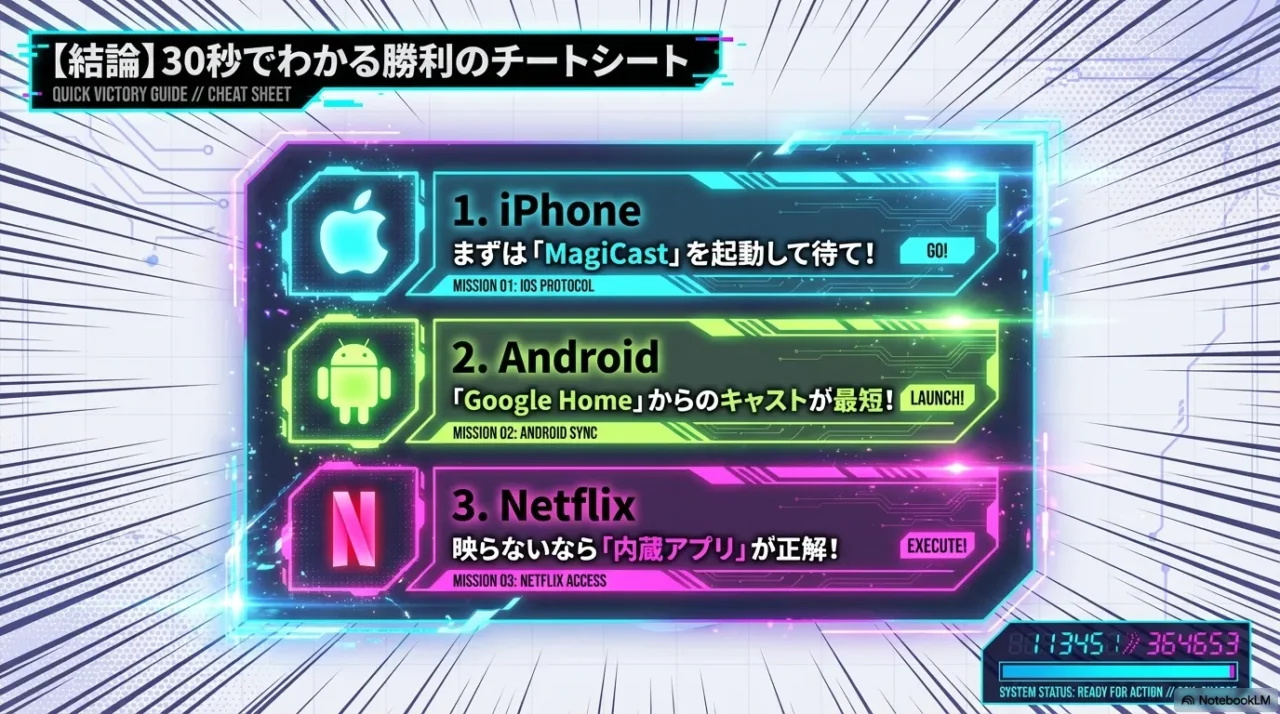iPhoneはMagiCast、AndroidはGoogle Home、Netflixは内蔵アプリ推奨の結論まとめ