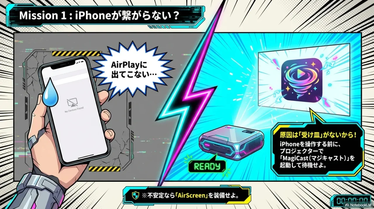 Mogo3proをiPhoneのAirPlayで見つけるためにMagiCastを起動して待機する手順