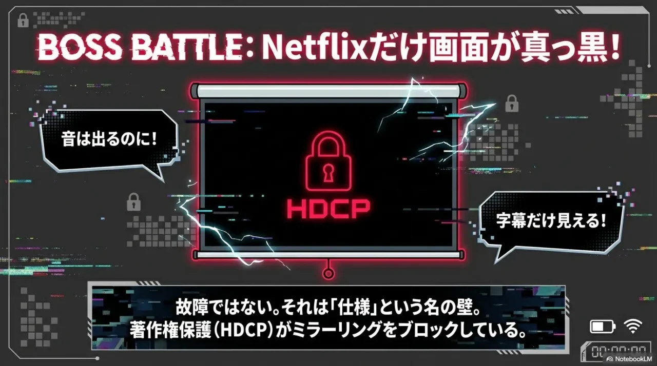 ミラーリング経路でHDCPにより映像だけが遮断される典型パターン