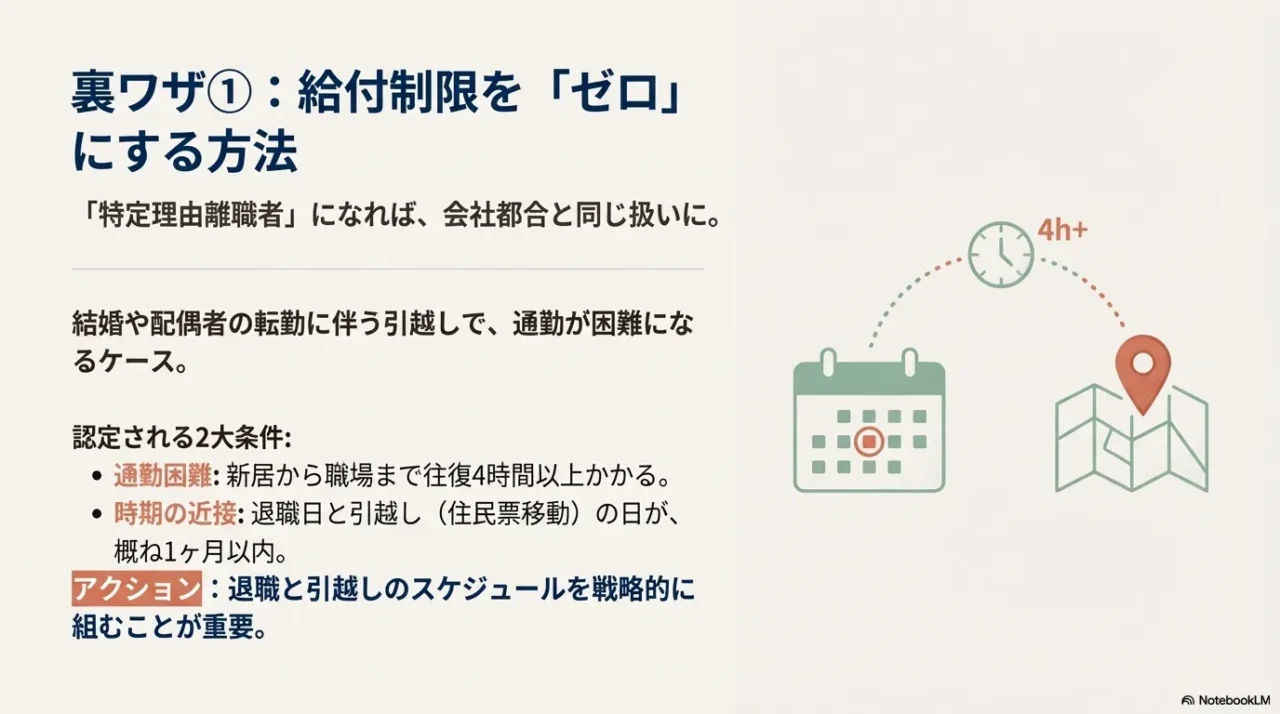 結婚や転居で特定理由離職者として認定されるための2大条件(往復4時間以上の通勤困難、退職と引越しの時期の近接性)の解説図。