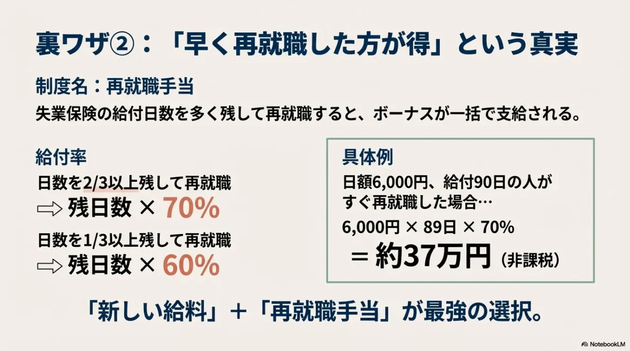 失業保険の残日数に応じた再就職手当の給付率(70%・60%)と、早期再就職で数十万円の一時金を受け取る具体例。