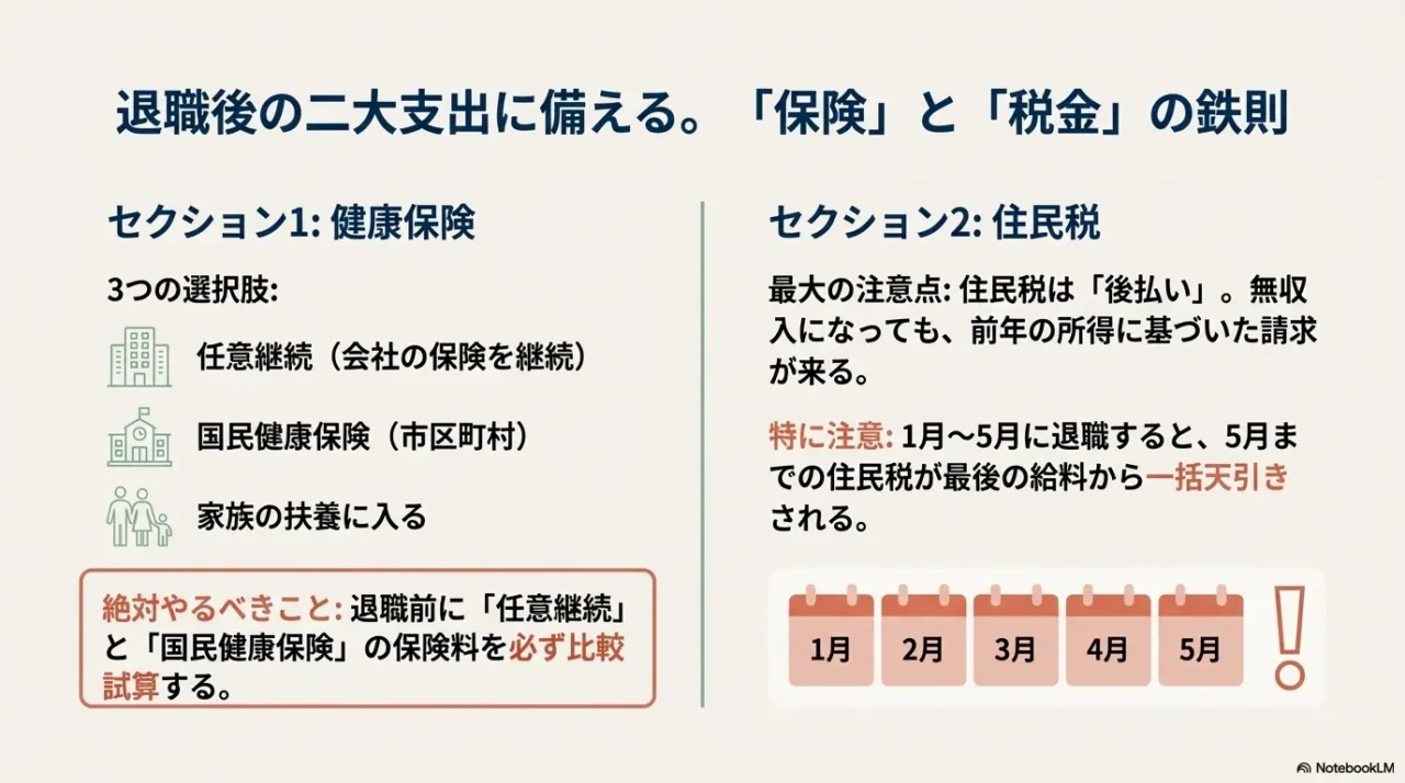 健康保険の3つの選択肢(任意継続・国保・扶養)の比較と、住民税が後払いであることによる退職直後の負担についての解説。