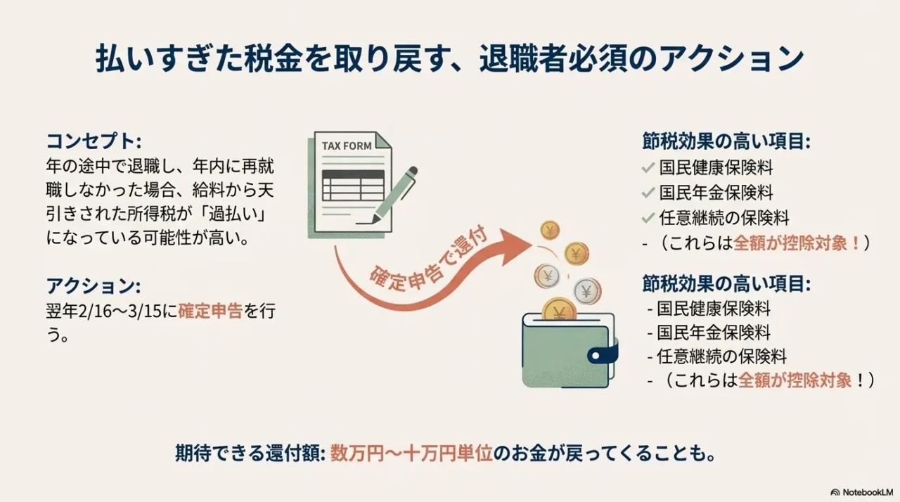 退職翌年の確定申告で、国民健康保険料や年金保険料を控除し、払いすぎた所得税の還付を受けるためのアクションガイド。