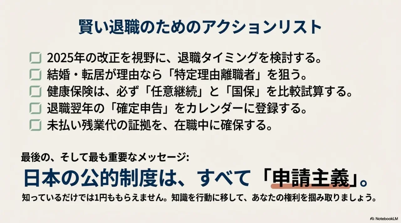 退職タイミングの検討、特定理由離職者の準備、保険料比較、確定申告など、退職前後に行うべき手続きのToDoリストまとめ。