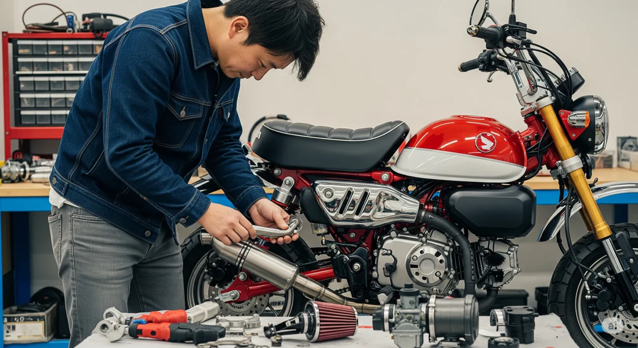 モンキー125のカスタム作業を行う男性