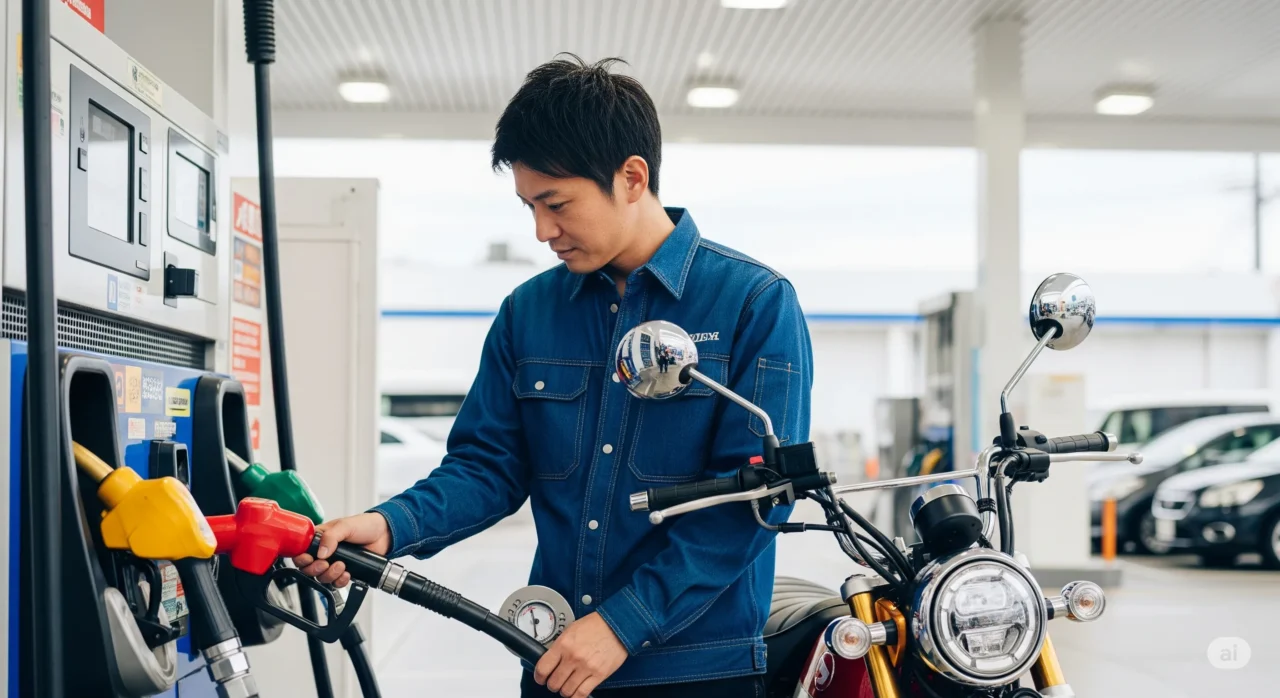 ガソリンスタンドでモンキー125に給油する若い日本人男性
