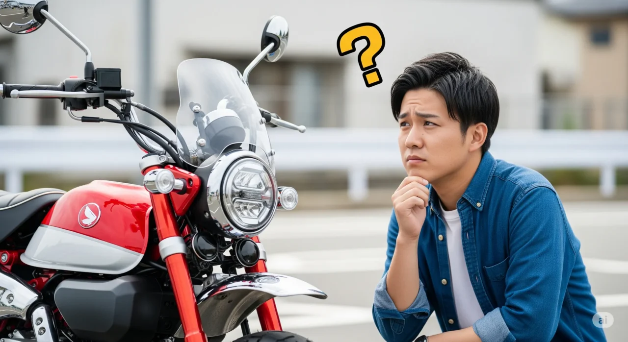 モンキー125の横で疑問を持つ表情の若い男性