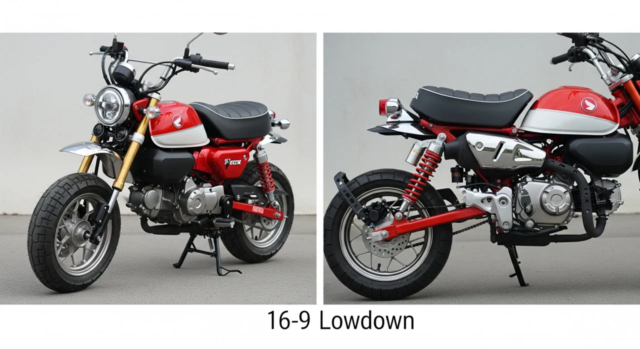 センタースタンドを立てたモンキー125とローダウンされたモンキー125の比較