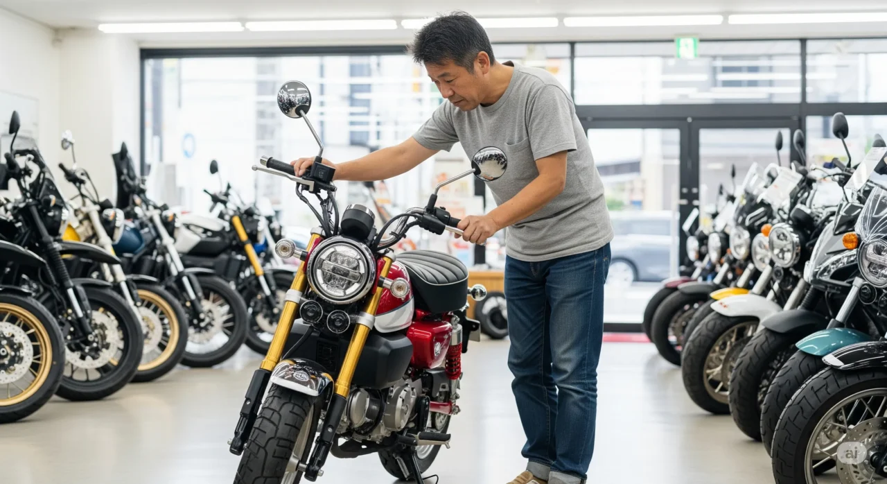 中古のモンキー125を詳細に確認する男性
