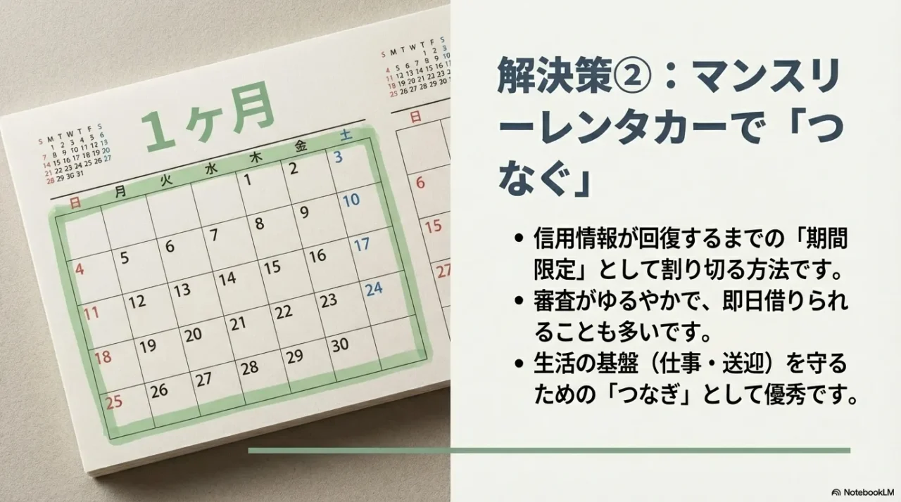解決策②マンスリーレンタカーでつなぐ。信用情報が回復するまでの期間限定として割り切り、生活の基盤を守る方法です。