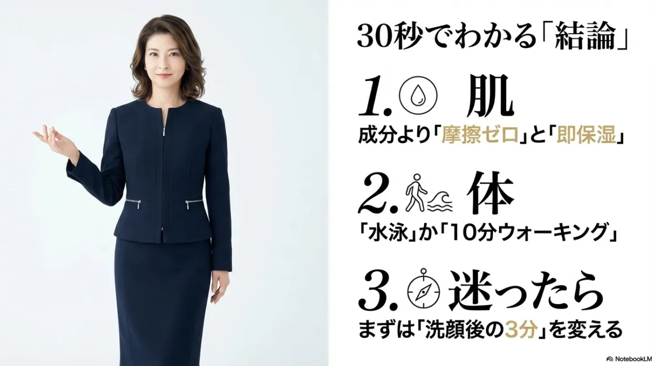 森高千里のアグレスメソッドと題された美容法のスライド資料一覧画像。全12ページで構成され、洗顔、保湿、水泳、食事、マインドセットなどの具体的なノウハウが箇条書きでまとめられている。各スライドから人物のイラストは意図的に削除され、テキスト情報と背景デザインのみとなっている。