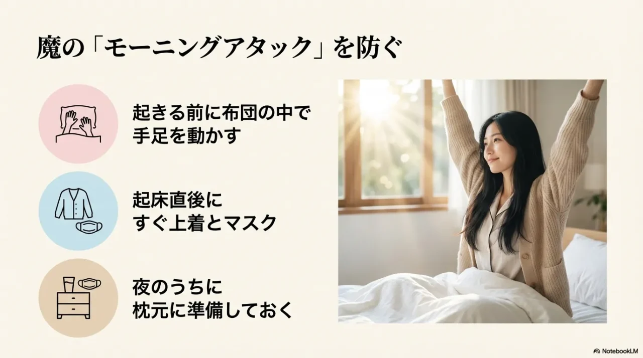 モーニングアタックを防ぐ3つのタイミング：布団の中で手足を動かす、起床直後のマスク、夜の準備。