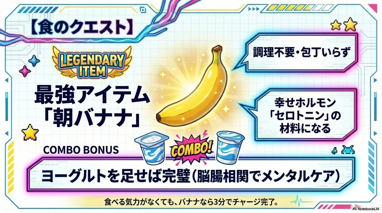 朝バナナの手軽さと、ヨーグルト追加のメリットをまとめた画像