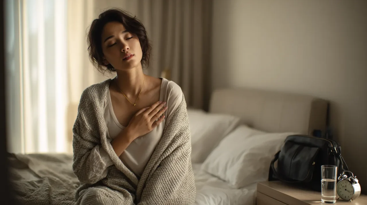 朝のベッドで胸に手を当て、吐き気や動悸などの不調を感じる女性