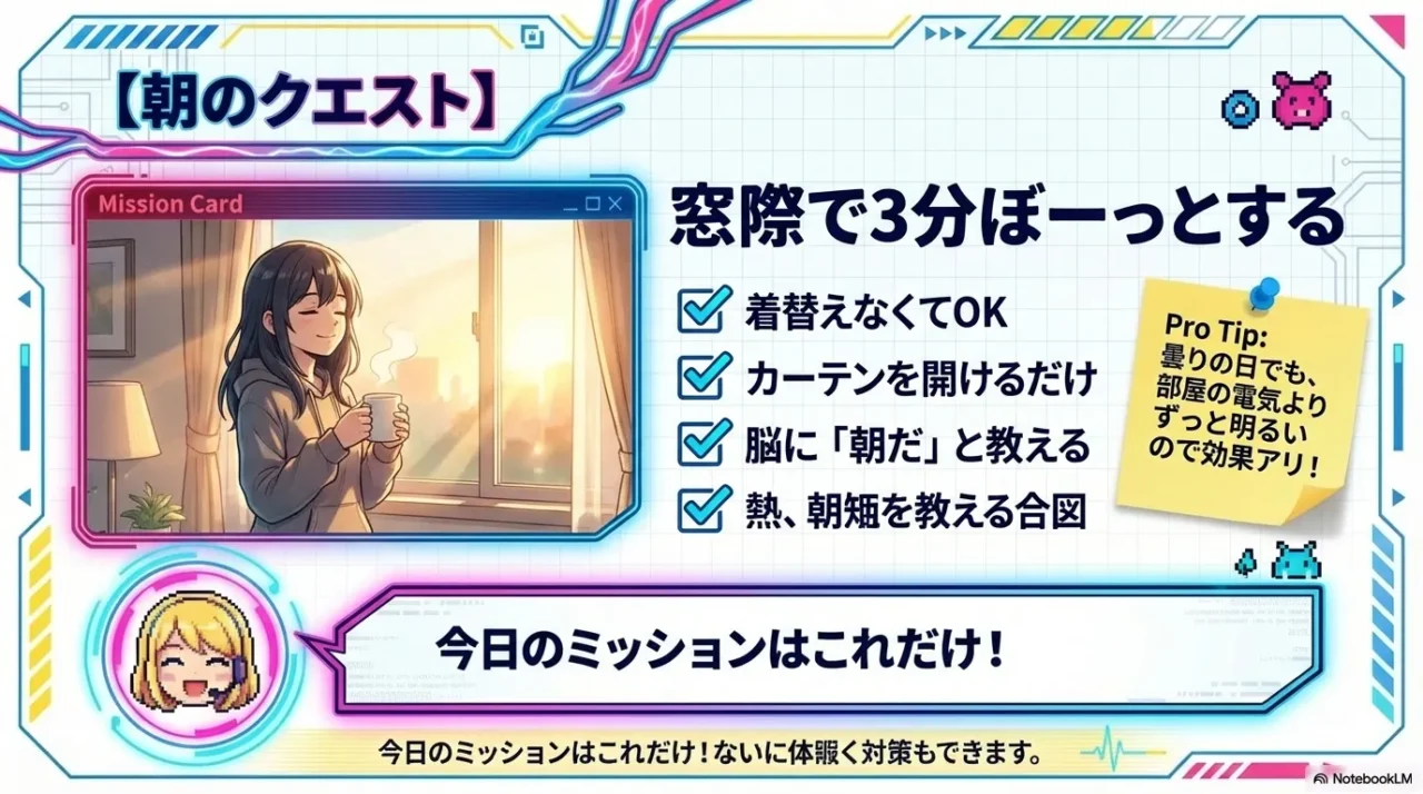 起床後にカーテンを開け、窓際で3分光を感じる手順を示す画像