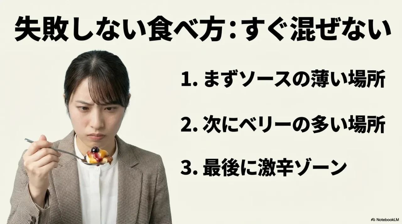 辛さで失敗しないための食べ方順序。ソースが薄い場所から徐々に混ぜる