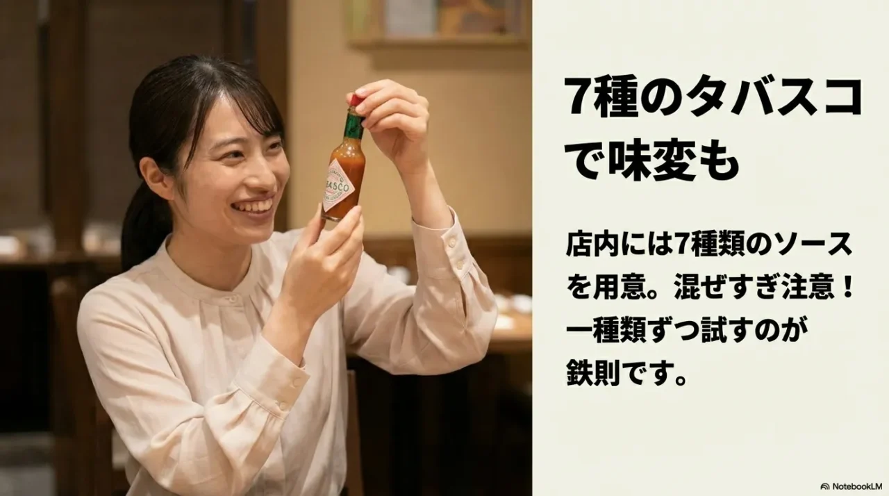 店内に用意された7種類のタバスコソースで味変を楽しむ。混ぜすぎ注意