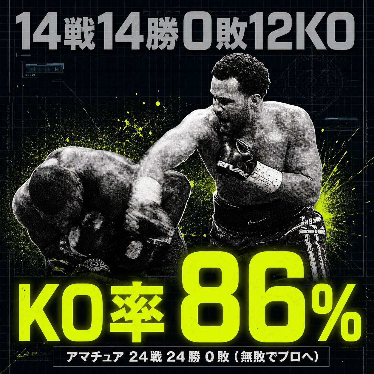 モノクロの試合写真を背景に、モーゼス・イタウマのプロ14戦14勝0敗12KO、KO率86％、アマ24戦無敗を大きく示した戦績図解。