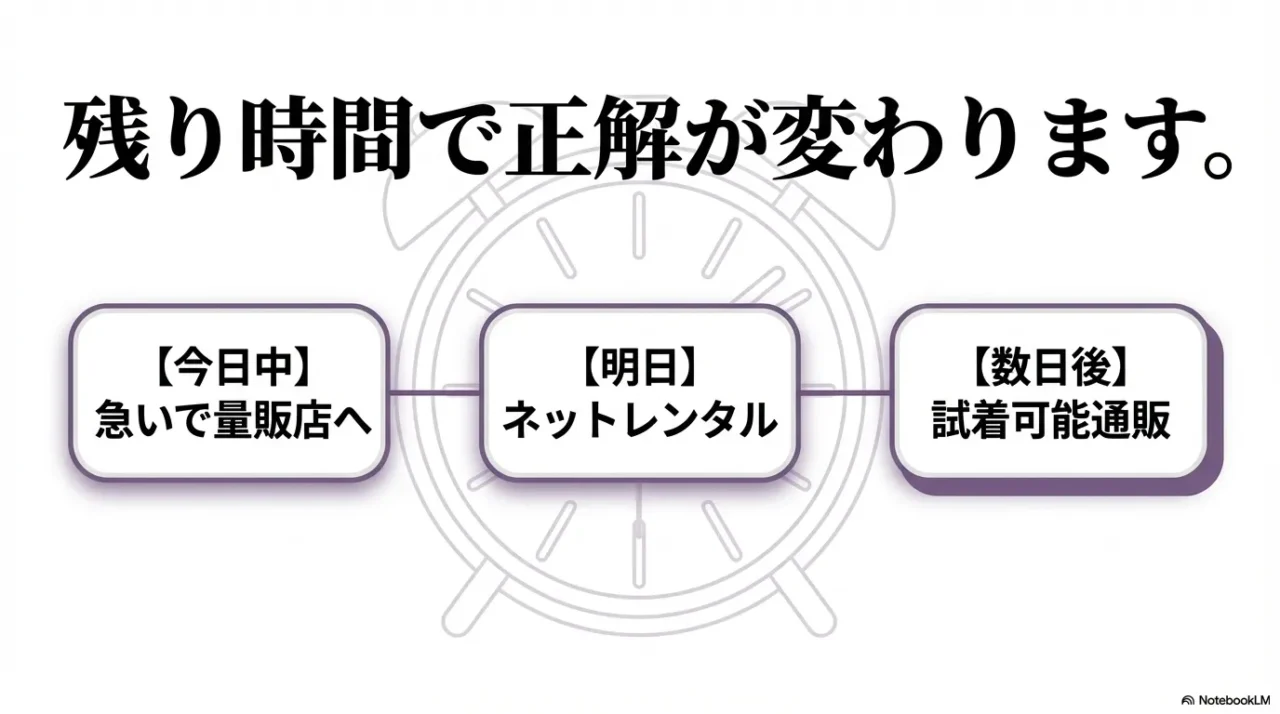 喪服がきつい時の対処法を、今日中、明日、数日後の3パターンで整理した判断用の画像