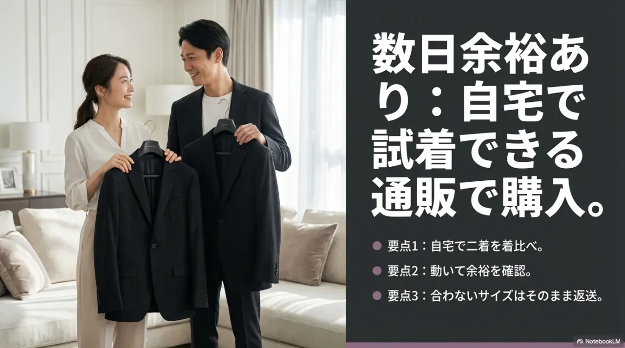 自宅で複数の喪服を着比べて、サイズやゆとりを確認できる試着通販のイメージ画像