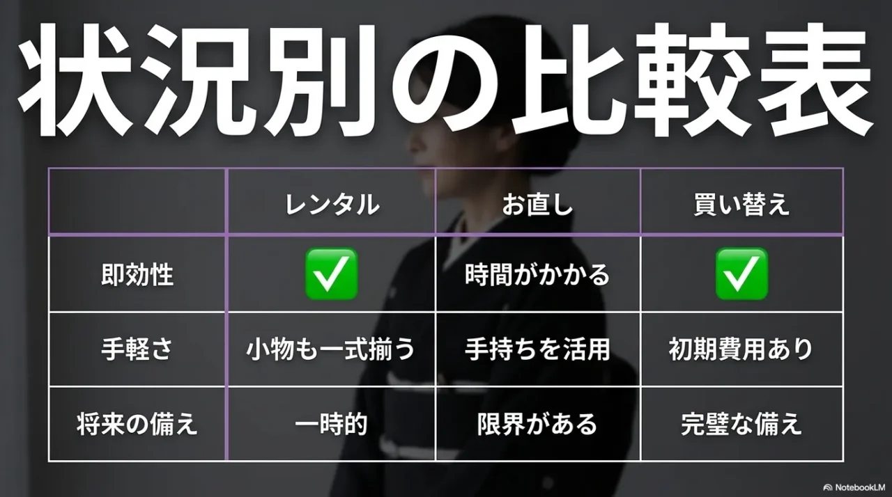 喪服がきつい時の対処法を、レンタル、お直し、買い替えで比較した一覧画像