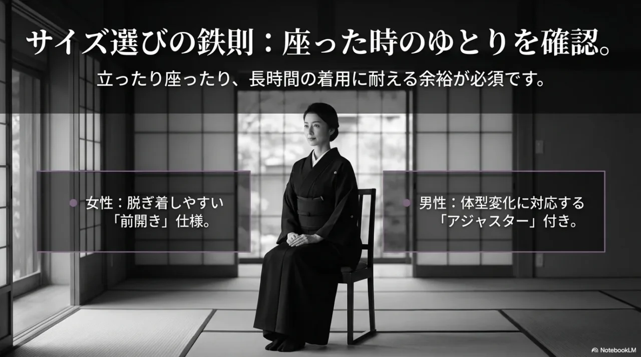 喪服は座った時のゆとりを基準に選び、女性は前開き、男性はアジャスター付きが便利だと示す画像