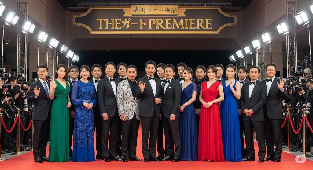 映画のプレミア試写会で、大勢の豪華な日本人キャストがレッドカーペット上に一列に並び、カメラに向かって手を振っている。