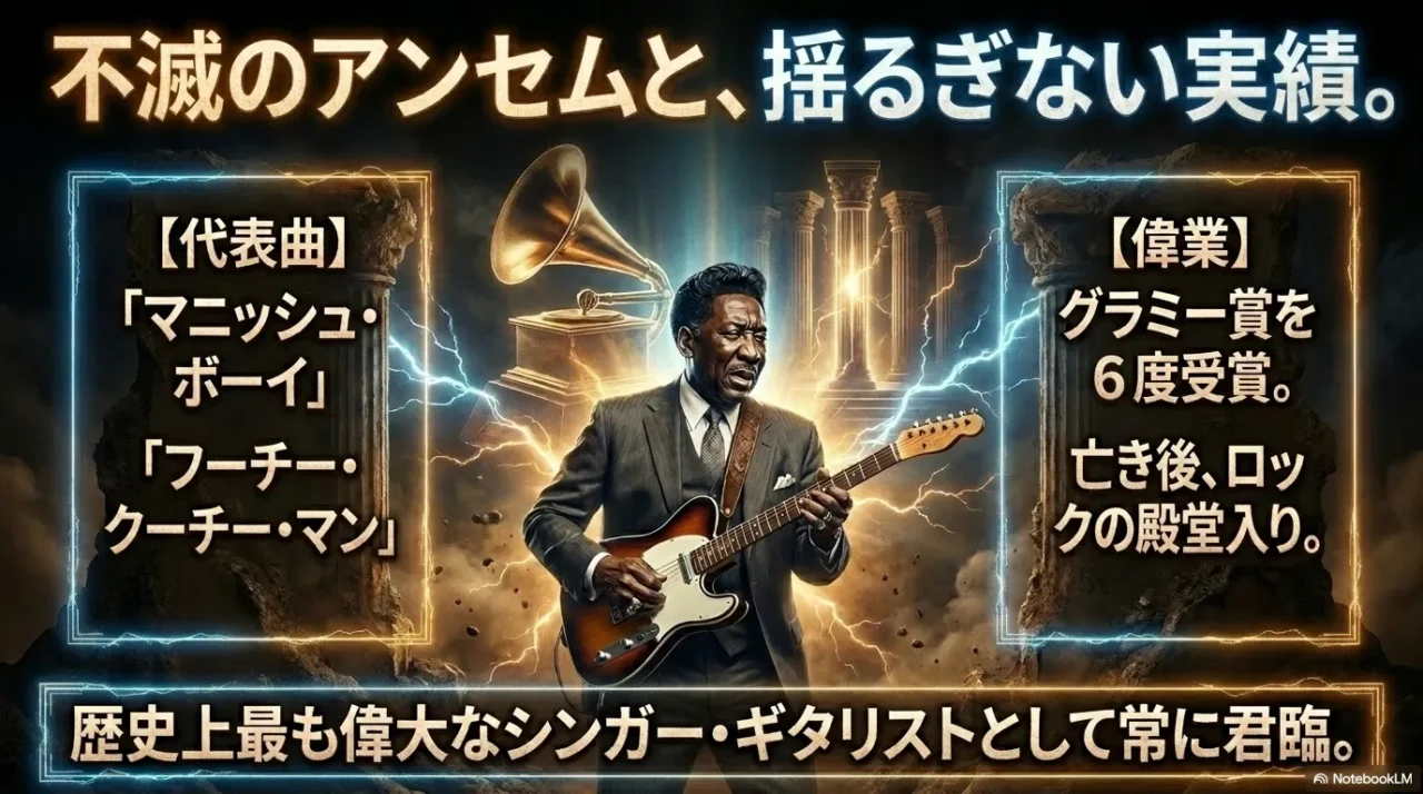 マディ・ウォーターズの代表曲とグラミー賞受賞、ロックの殿堂入りの実績をまとめた画像