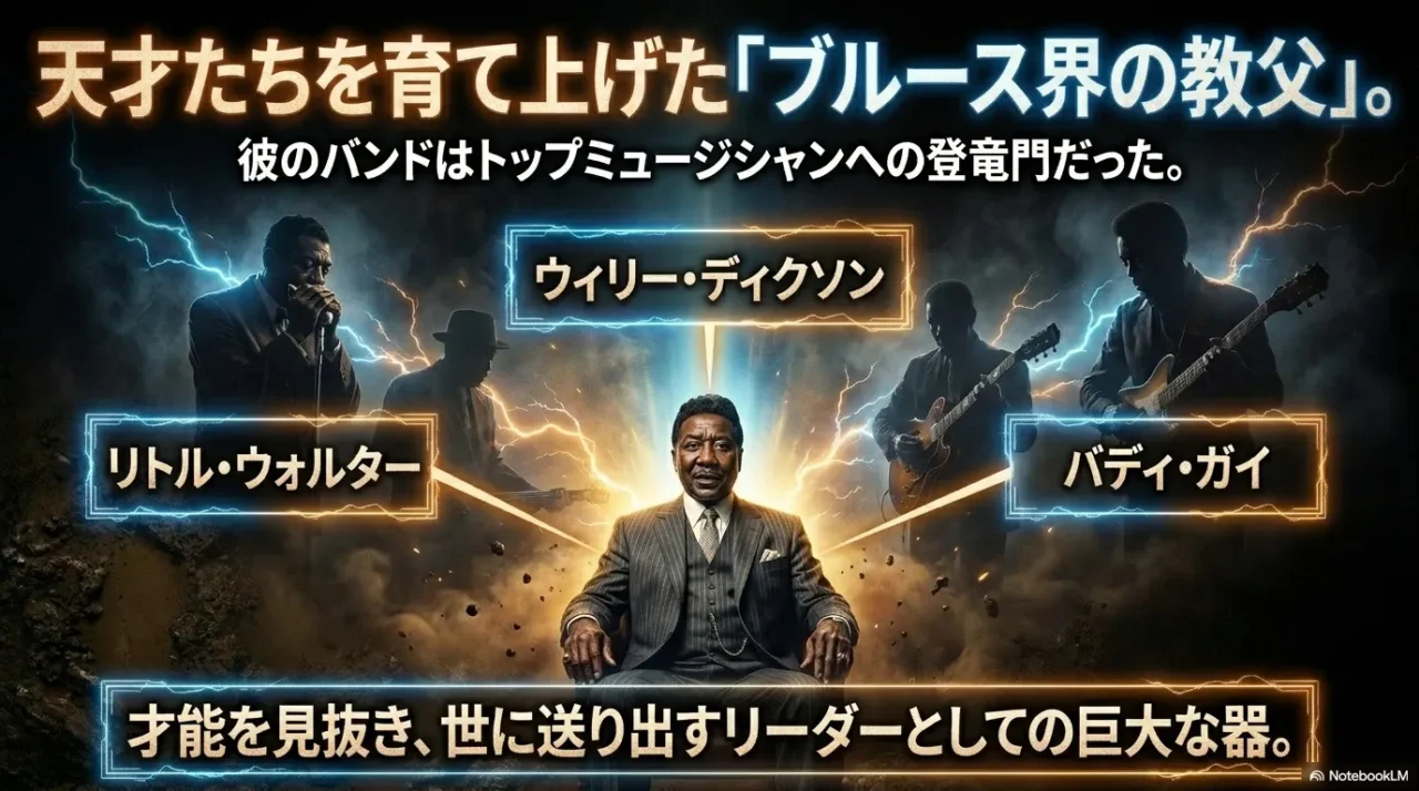 リトル・ウォルター、ウィリー・ディクソン、バディ・ガイらを育てたマディ・ウォーターズを表す画像