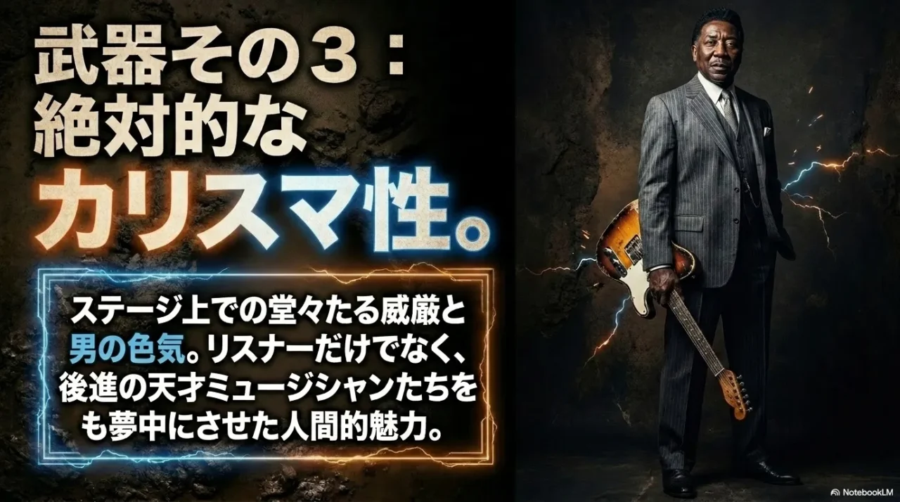 堂々とした立ち姿でギターを持つマディ・ウォーターズのカリスマ性を表す画像