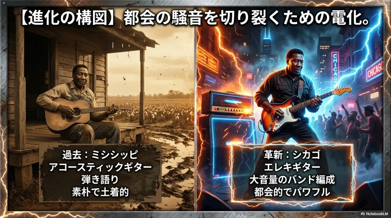ミシシッピのアコースティックブルースからシカゴのエレクトリックブルースへ進化する構図