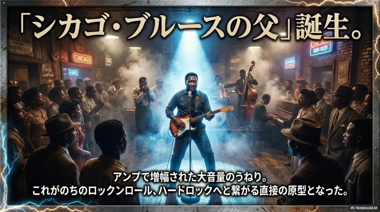シカゴのクラブで演奏するマディ・ウォーターズとシカゴ・ブルース誕生を表す画像
