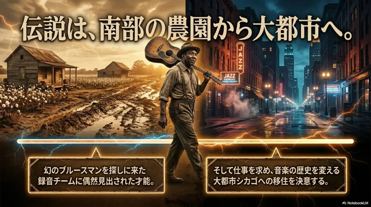 ミシシッピの農園からシカゴの大都市へ移ったマディ・ウォーターズの転機を表す画像