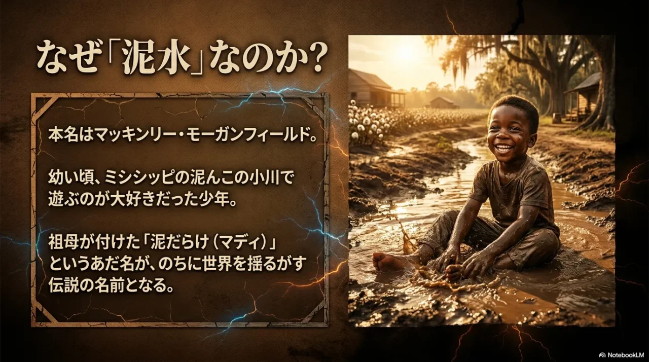 幼少期に泥の小川で遊んだことからマディ・ウォーターズの名前が生まれたことを示す画像