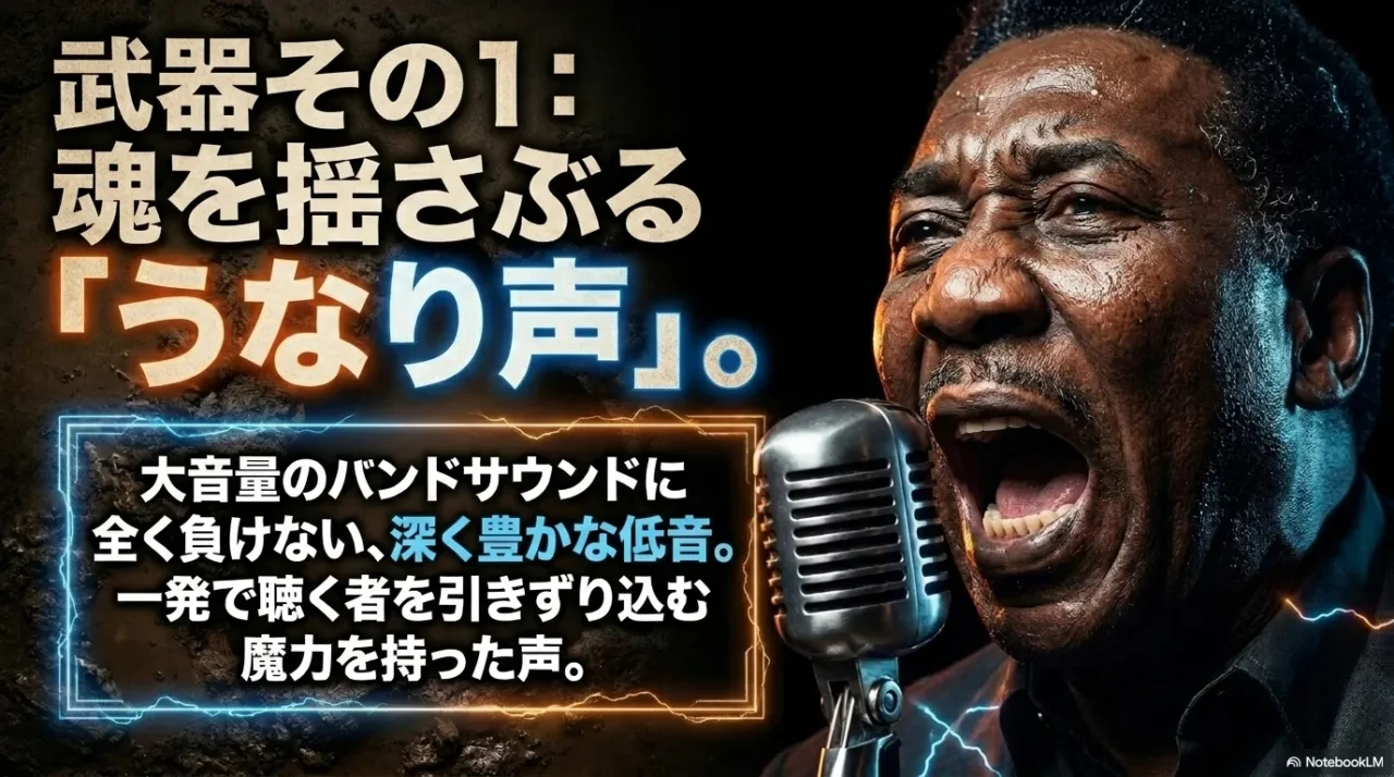大音量のバンドサウンドに負けないマディ・ウォーターズの深く力強い歌声を表す画像