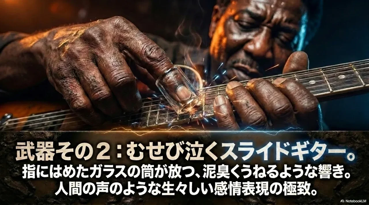 指にはめたスライドバーでギターの弦を滑らせるマディ・ウォーターズ風の演奏画像