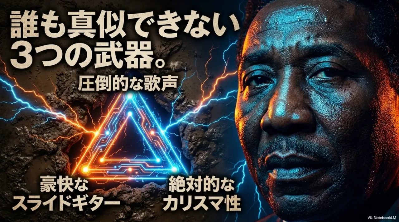 マディ・ウォーターズの歌声、スライドギター、カリスマ性という3つの魅力をまとめた画像