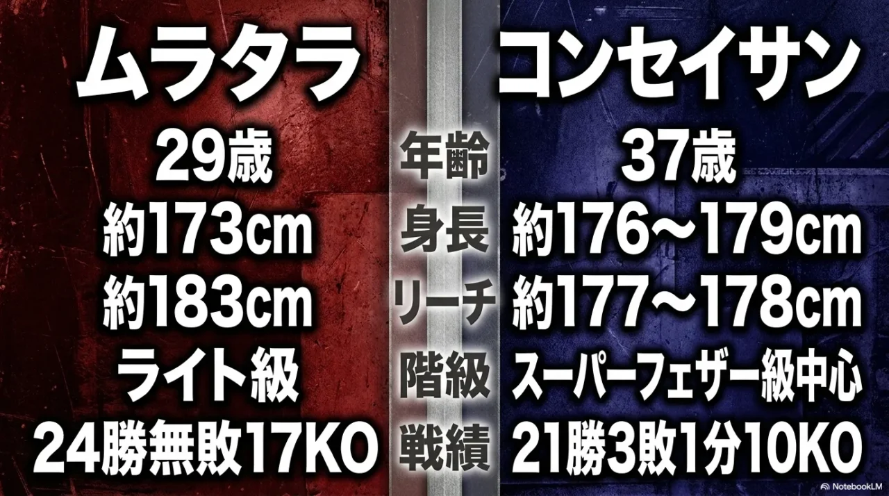 ムラタラとコンセイサンの年齢、身長、リーチ、戦績の比較データ