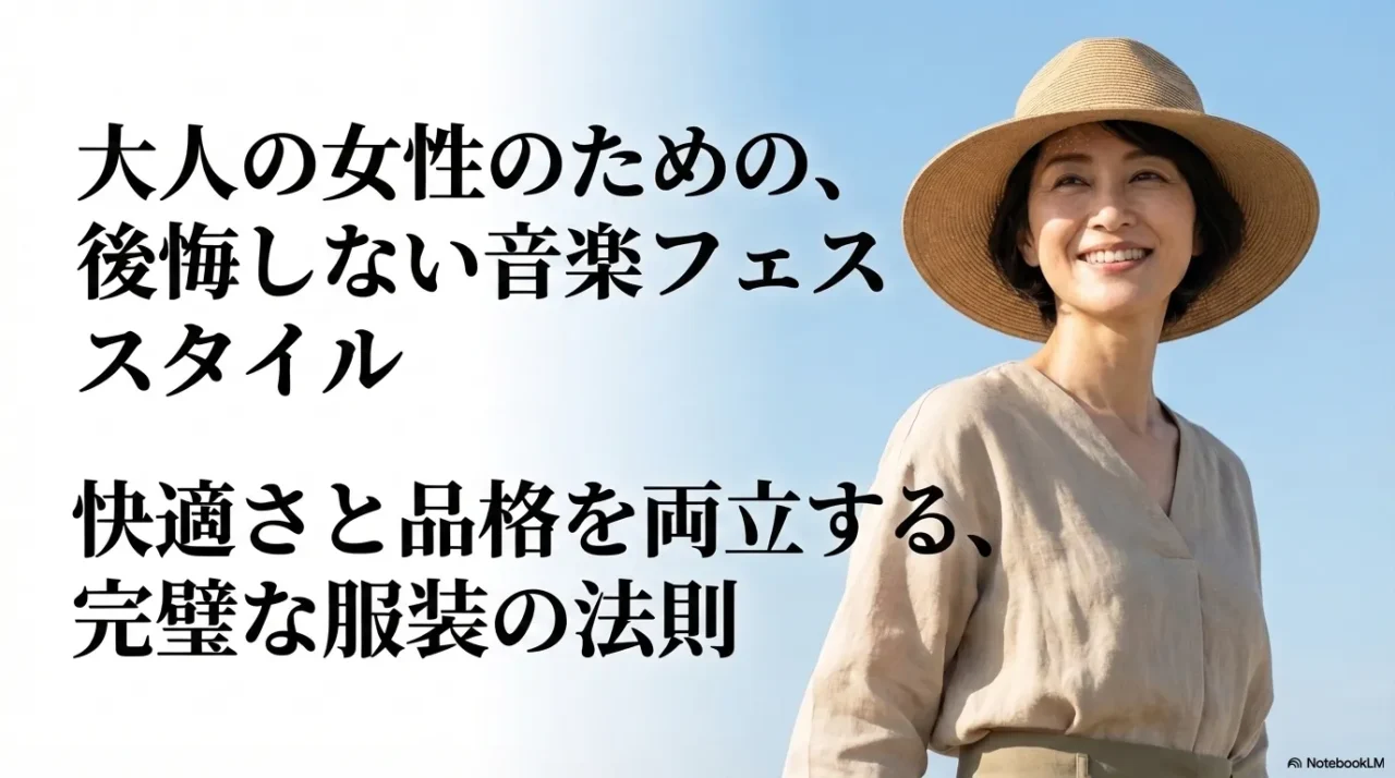 ベージュのつば広ハットとナチュラルカラーの服を着た大人の女性が微笑む、音楽フェス向けの上品で快適なファッションを表現したビジュアル