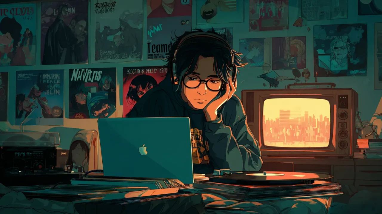 夜の部屋でノートパソコンとレコードに囲まれながら音楽を聴く若い男性のイラスト。ヘッドホンと眼鏡をかけ、壁には多数のポスターが貼られている。