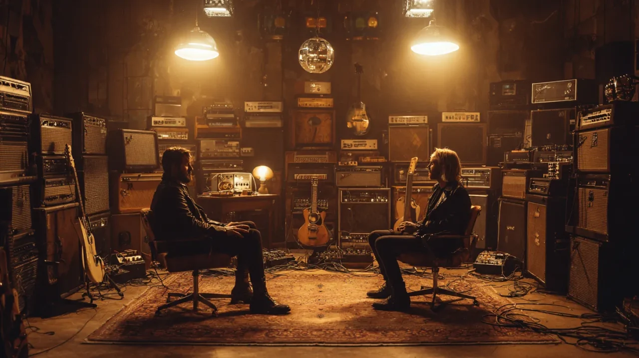 薄明かりの音楽スタジオで、二人のミュージシャンが椅子に座って向かい合い、周囲には多数のアンプやギター、機材が積み上げられている様子。