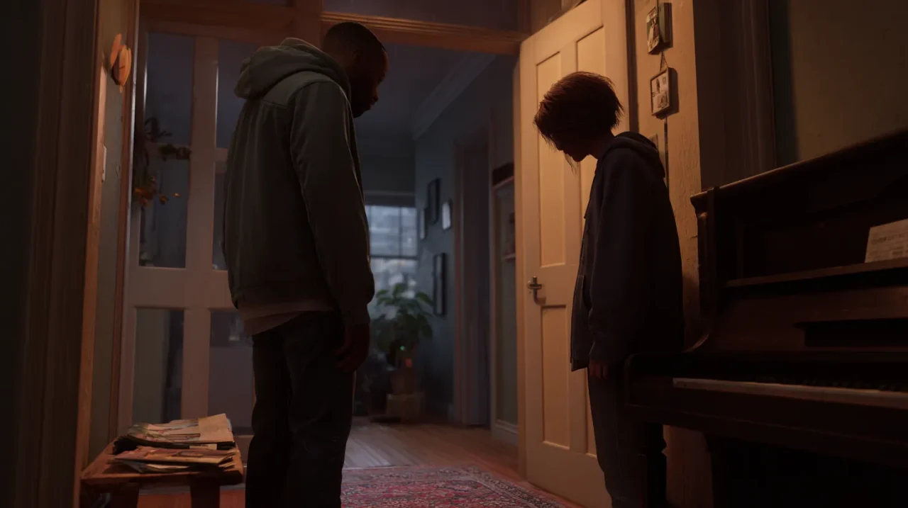 玄関先で住人が頭を下げて騒音について謝罪している様子。相手の住人も立ち止まり、真剣に話を受け止めているシーン。横には古いピアノが置かれている。