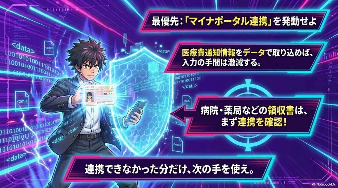 マイナポータル連携で医療費通知データを取り込むイメージ