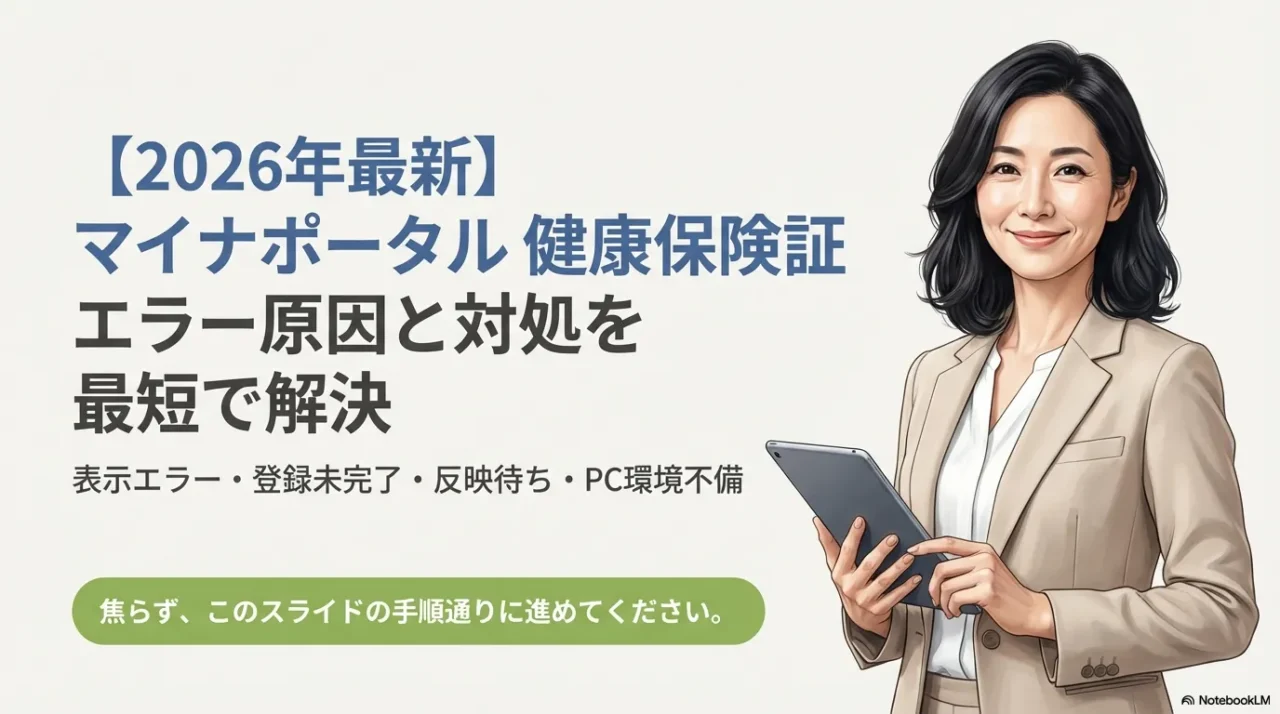 2026年最新のマイナポータル健康保険証エラー原因と対処を最短で整理した表紙スライド