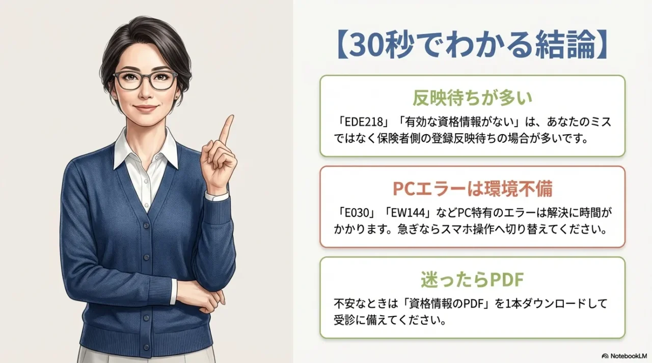 EDE218や有効な資格情報がない表示、PCエラー、迷ったら資格情報PDFの結論を30秒で整理したスライド