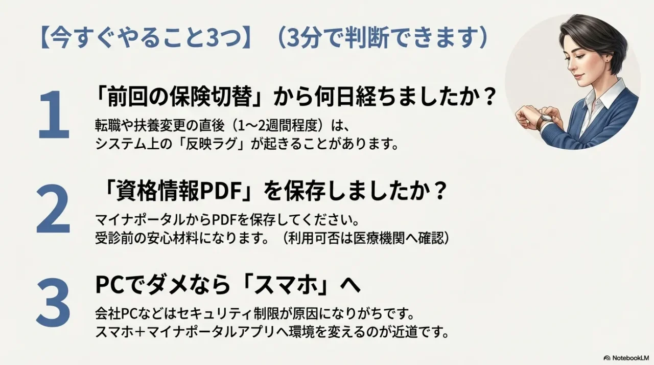 保険切替からの日数確認、資格情報PDF保存、PCがダメならスマホへ切替の3ステップを整理したスライド